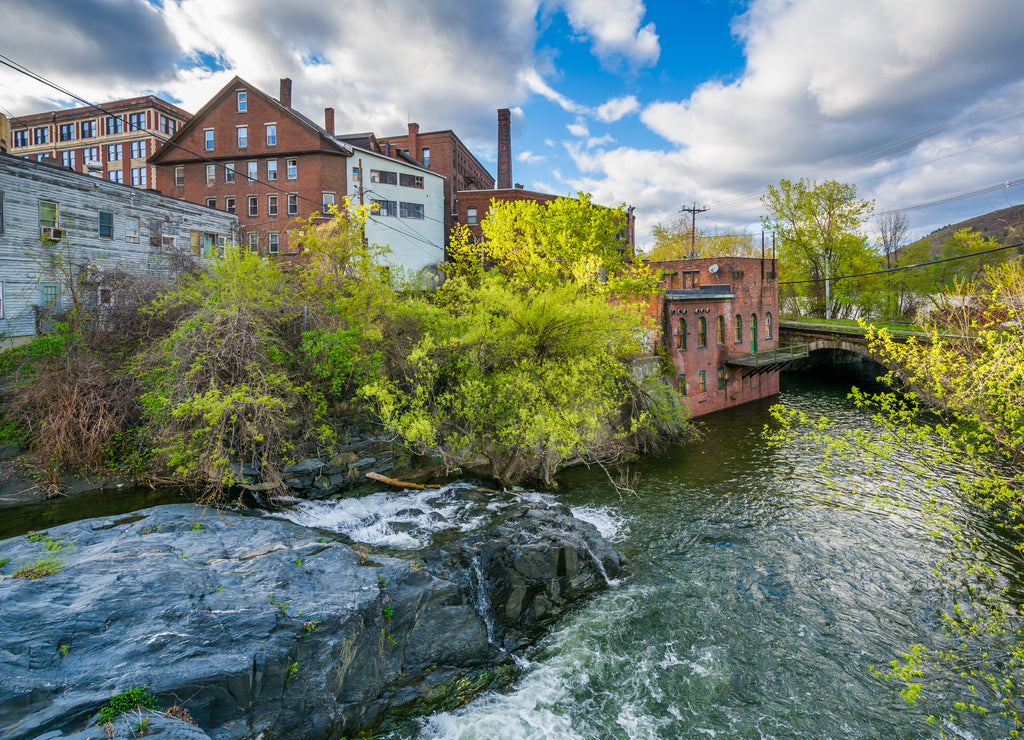 Cascades and old buildings along Whetstone Brook, in Brattleboro, Vermont