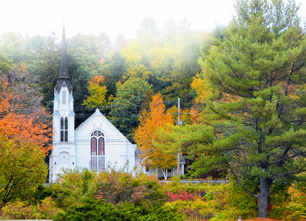 Church near Woodstock Vermont shot in morning fog