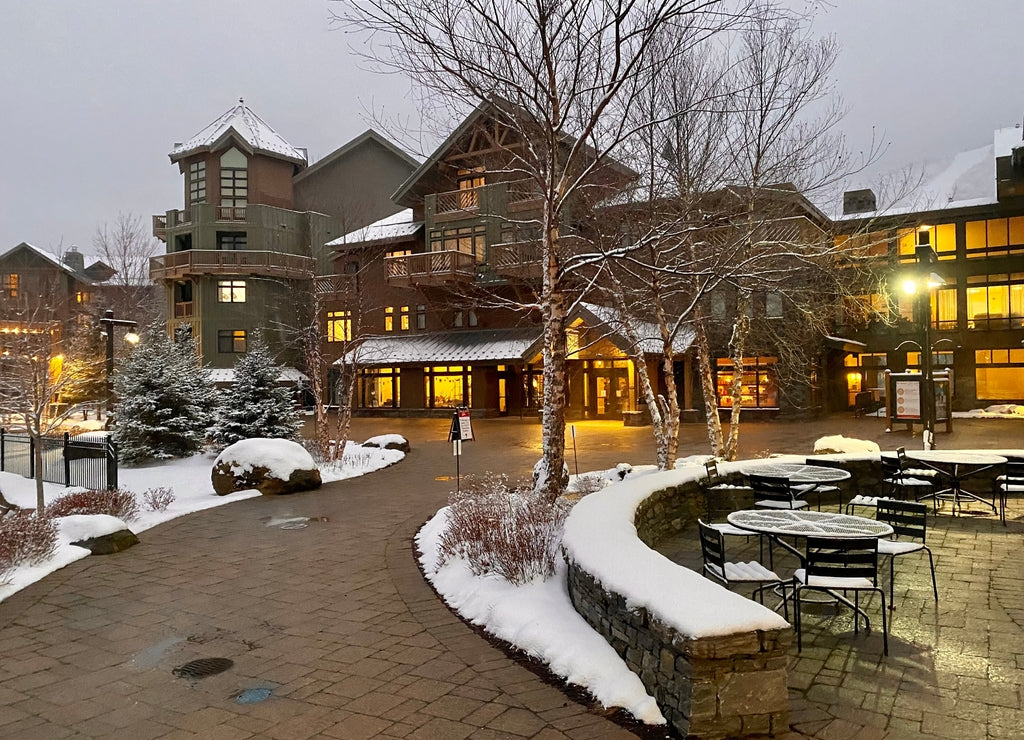 Empty Stowe Mountain resort Spruce peak village at evening time early December 2020 Vermont, USA