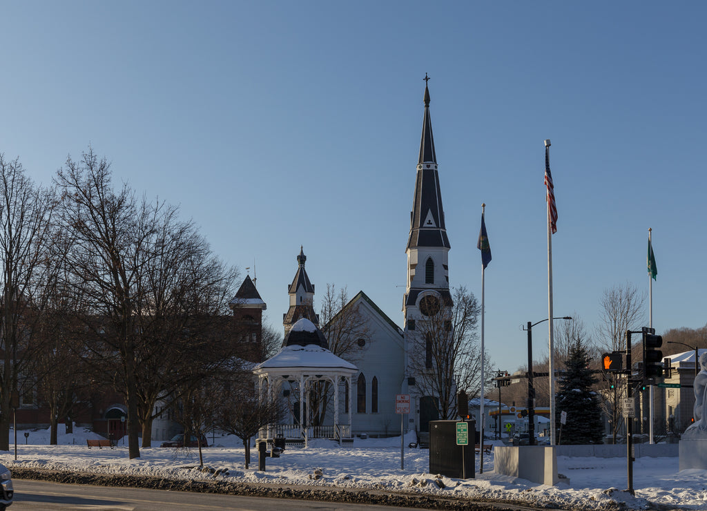 Barre, Vermont: City view on the Main Street. Winter time