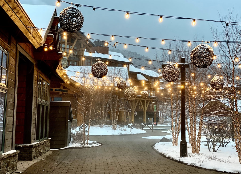 Empty Stowe Mountain resort Spruce peak village at evening time early December 2020 Vermont, USA