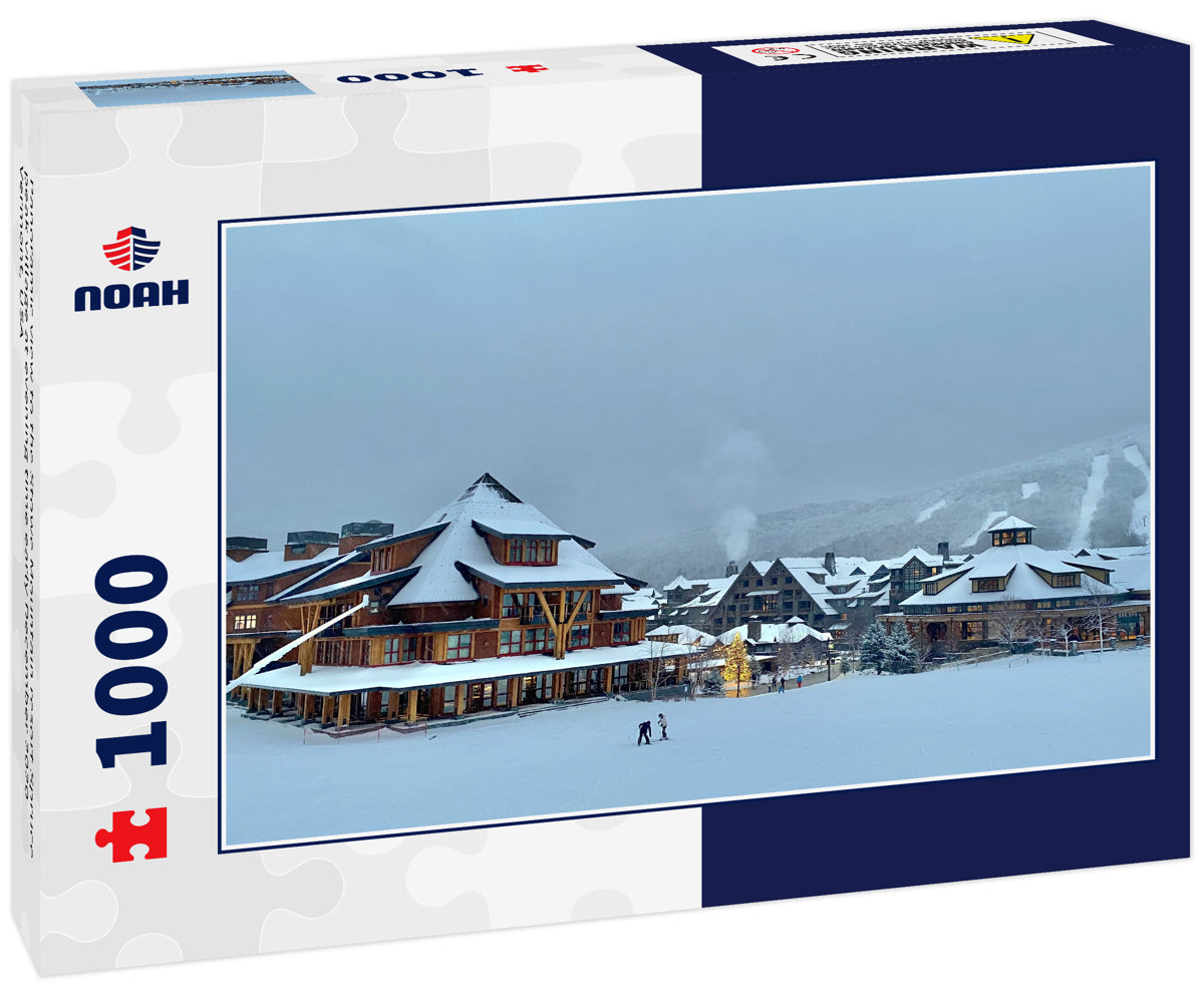 Panoramic view to the Stowe Mountain resort Spruce peak village at evening time early December 2020 Vermont, USA