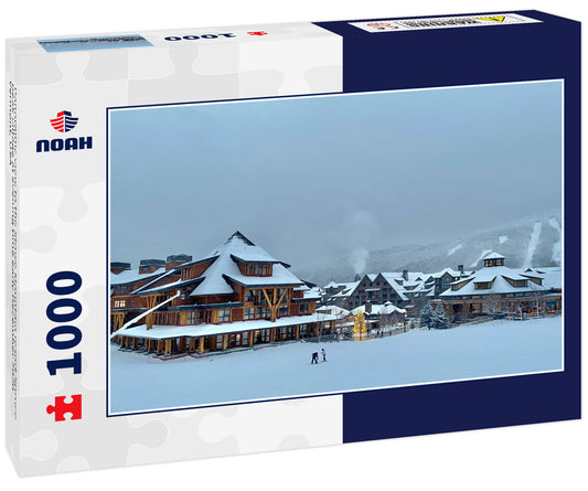 Panoramic view to the Stowe Mountain resort Spruce peak village at evening time early December 2020 Vermont, USA