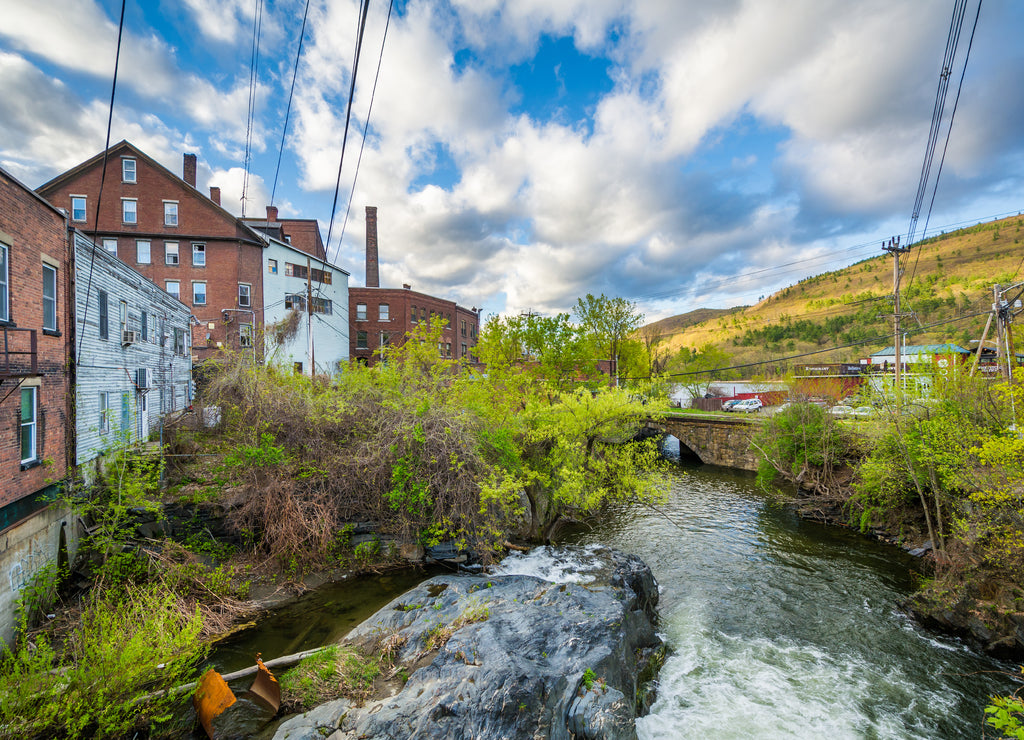 Cascades and old buildings along Whetstone Brook, in Brattleboro, Vermont