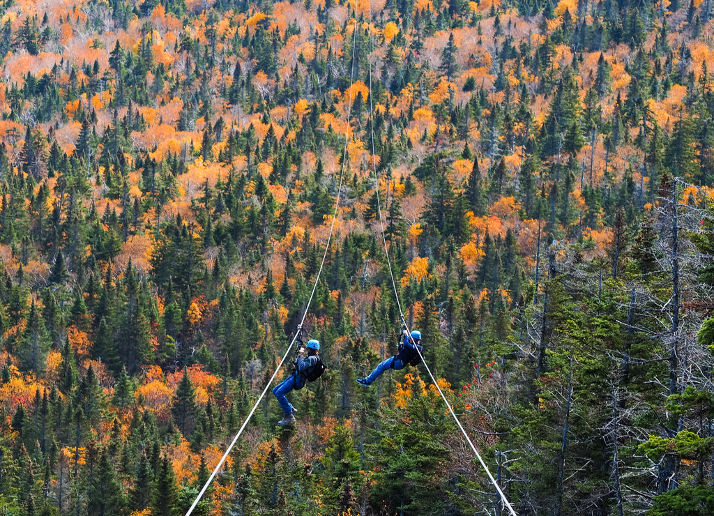 two people sliding down very long and fast zipline during autumn in Stowe, Vermont