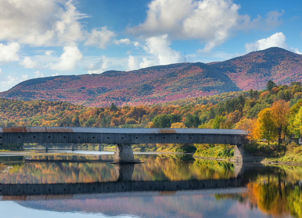 Autumn view of Cornish-Windsor Covered Bridge - longest in New Hampshire and Vermont on the Connecticut River