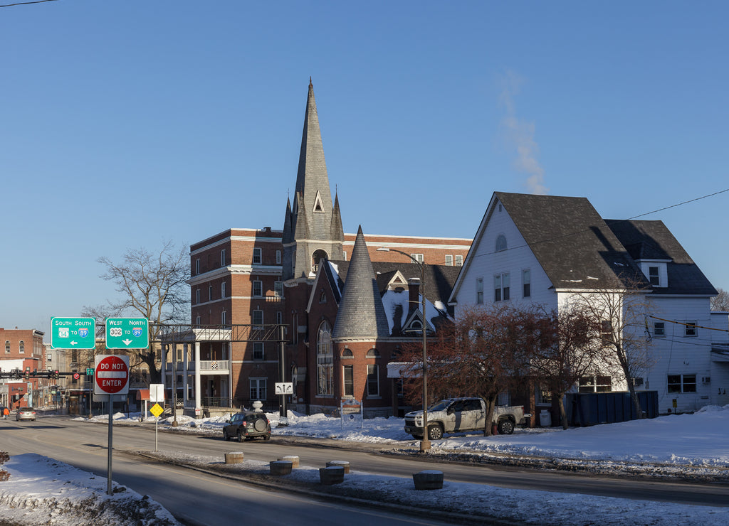 Barre, Vermont: City view on the Main Street. Winter time