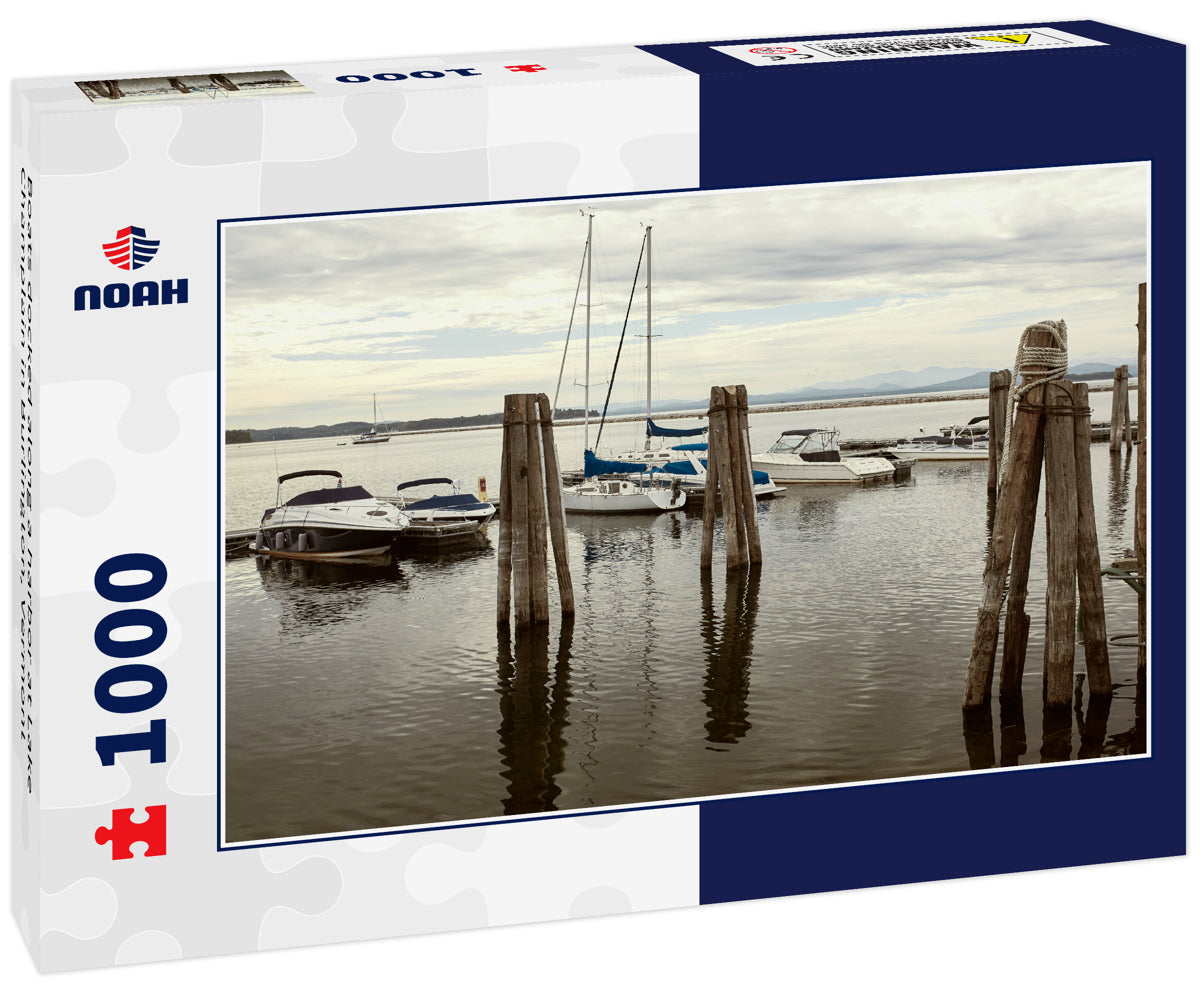 Boats docked along a harbor at Lake Champlain in Burlington, Vermont