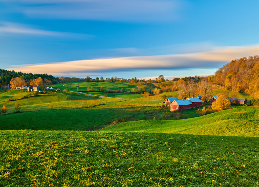 Jenne Farm with barn at sunny autumn morning in Vermont, USA