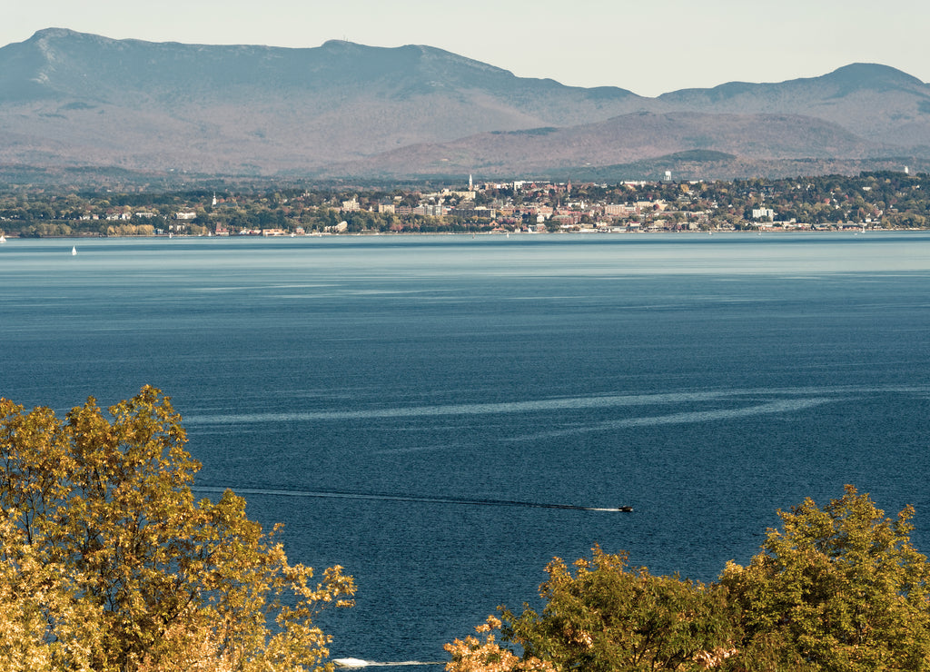 Lake Champlain with Burlington Vermont state in background in late fall