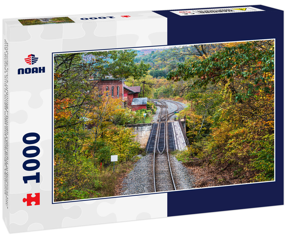 Railway track running trhough colourful autumnal tres and over a small bridge. Beyond the bridge the railway line divides and is lined with old buildings, Vermont