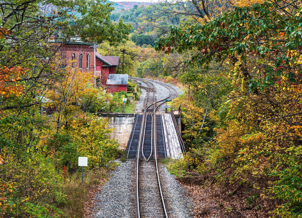 Railway track running trhough colourful autumnal tres and over a small bridge. Beyond the bridge the railway line divides and is lined with old buildings, Vermont