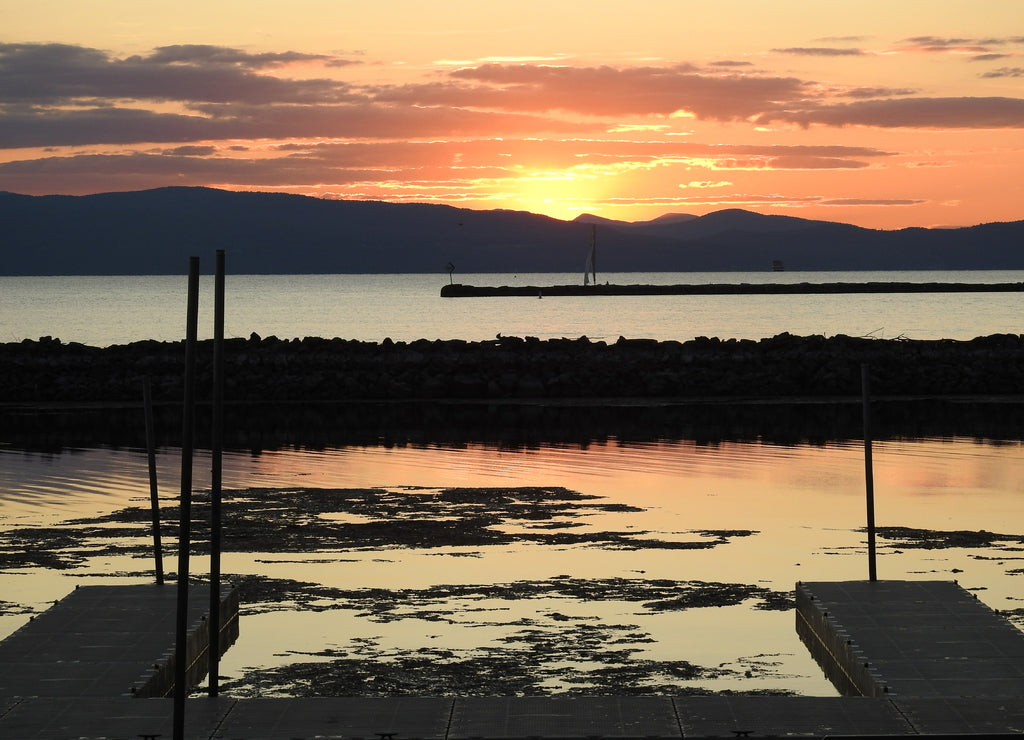 Sunset, lake, orange, sunrise, water, beautiful, landscape, reflection, colorful, Burlington, Vermont, mountains