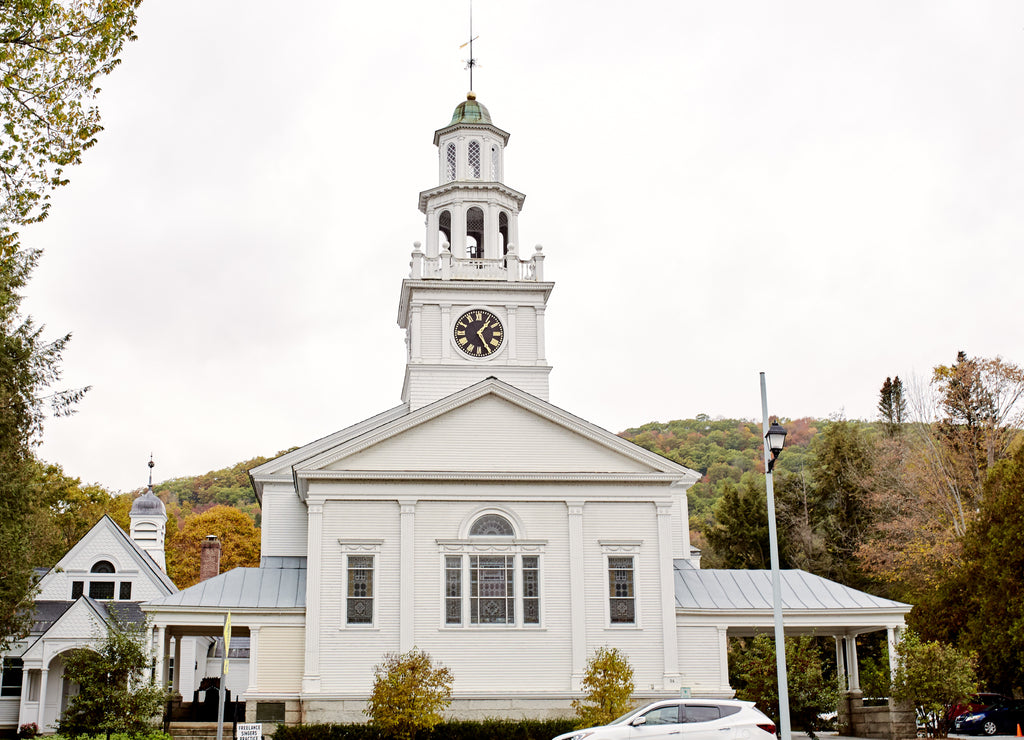 First Congregational church on a cold Fall day in the historic New England town of Woodstock, Vermont