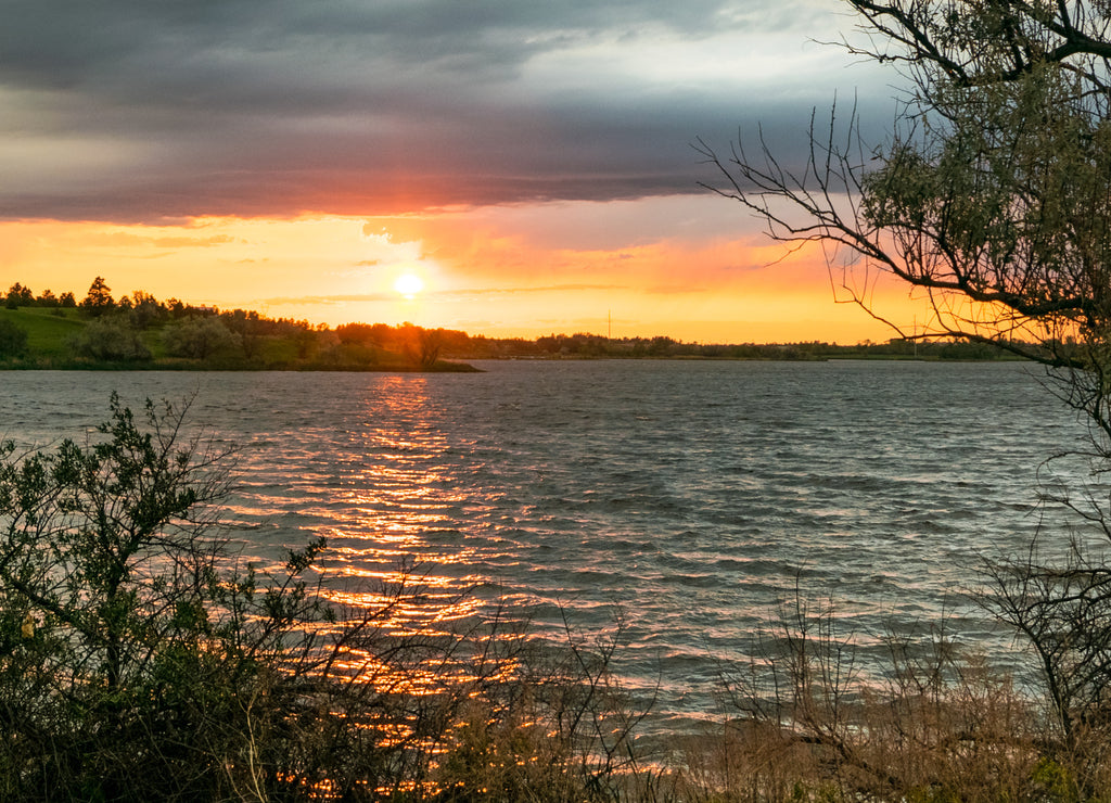 Panorama of a sunset over Sweet Briar Lake in North Dakota