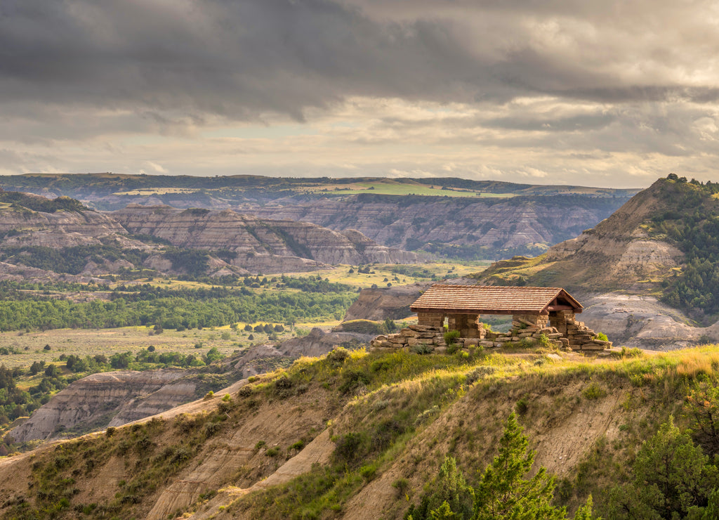 River Bend Overlook shelter in the Theodore Roosevelt National Park - North Unit on the Little Missouri River - North Dakota Badlands
