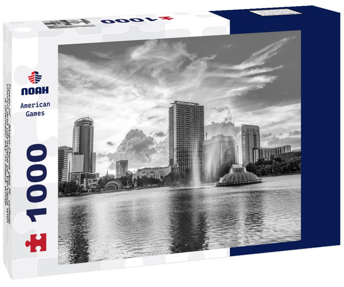 Noah Jigsaw Puzzle Tower of “Notre-Dame des Récollets” church and cityscape of Verviers with a dramatic sky in black white 1000 pieces