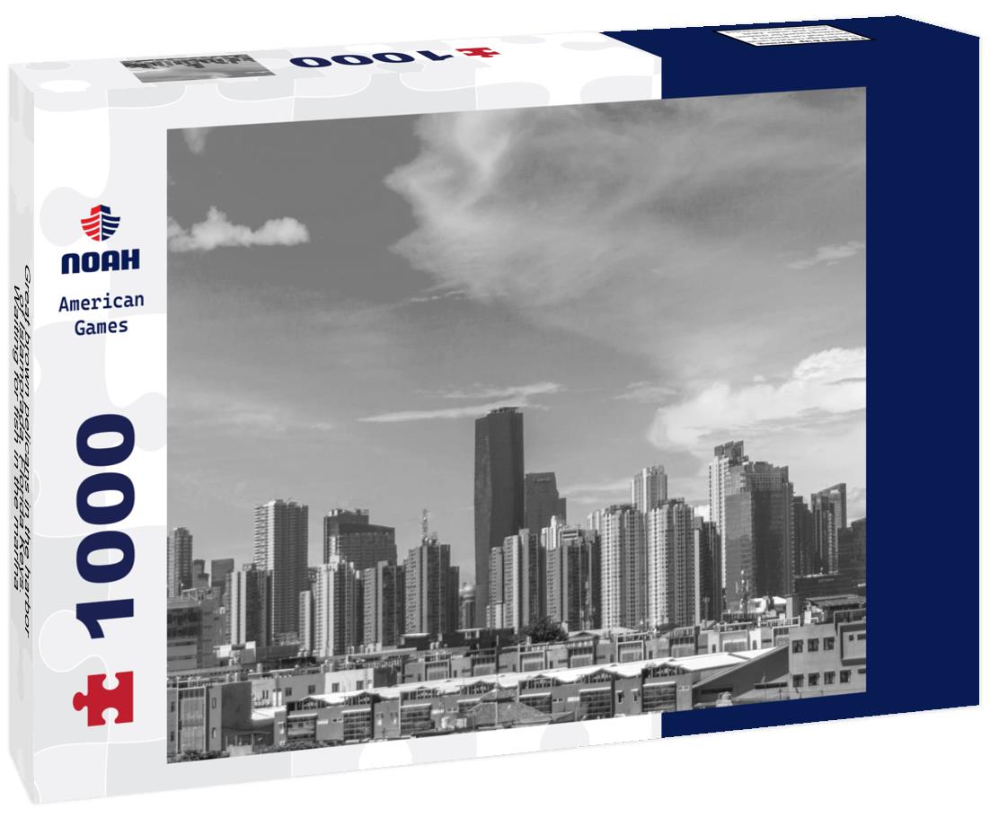 Noah Jigsaw Puzzle Great brown pelicans in the harbor of Islamorada, Florida Keys. Waiting for fish in the marina of Robbie in black white 1000 pieces