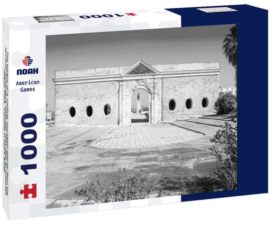 Noah Jigsaw Puzzle The waters of a melting mountain glacier feed the spiritual Athabasca waterfall. Red stag at waterfall. Jasper Park, Canada in black white 1000 pieces