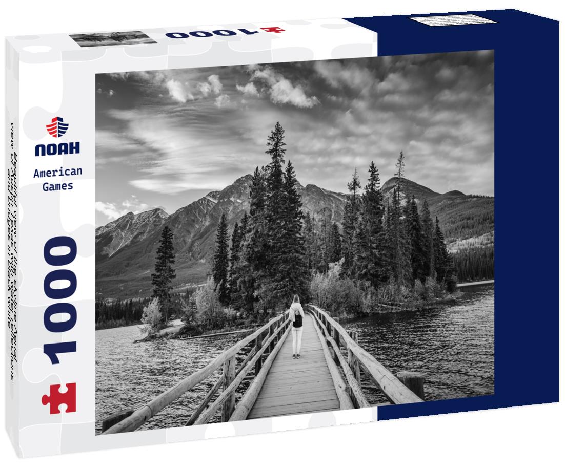 Noah Jigsaw Puzzle Beautiful view of the skyline Aerial view of Austin Texas with water reflections and bridges in black white 1000 pieces