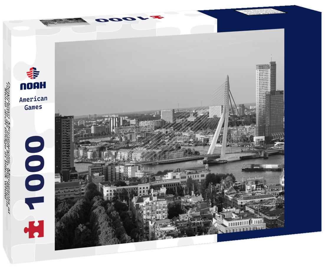 Noah Jigsaw Puzzle Downtown Minneapolis, Minnesota at night time as seen from the famous stone arch bridge in black white 1000 pieces