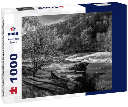 Noah Jigsaw Puzzle Panoramic cityscape view of Washington Water Power building and the Monroe Street Bridge along the Spokane river, in Spokane, Washington in black white 1000 pieces