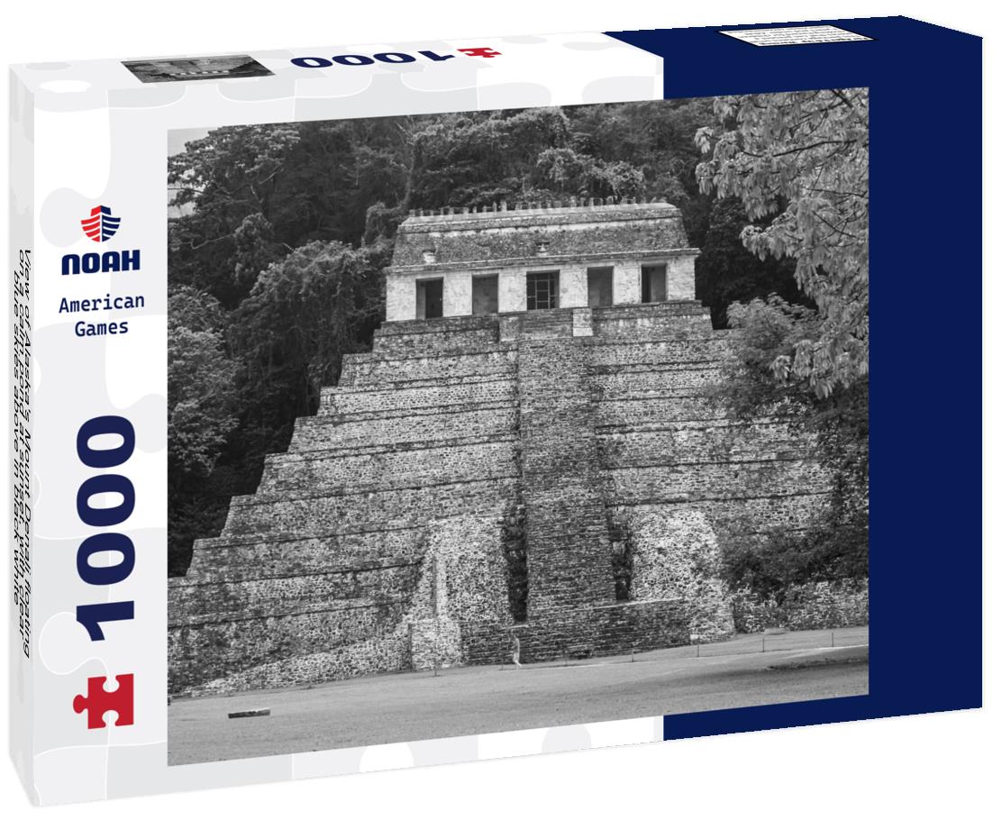 Noah Jigsaw Puzzle View of Alaska's Mount Denali floating on a calm pond at sunset, with clear blue skies above in black white 1000 pieces