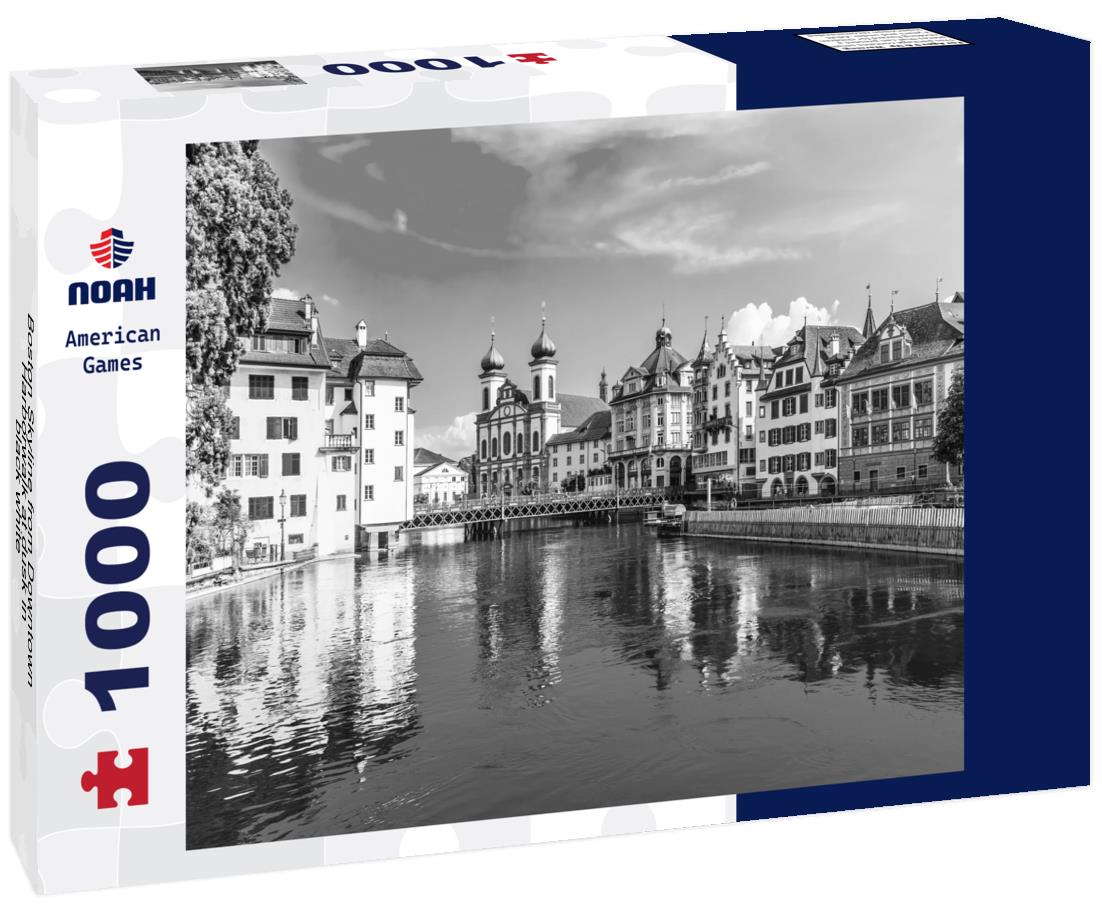 Noah Jigsaw Puzzle Boston Skyline from Downtown Harborwalk at dusk in black white 1000 pieces