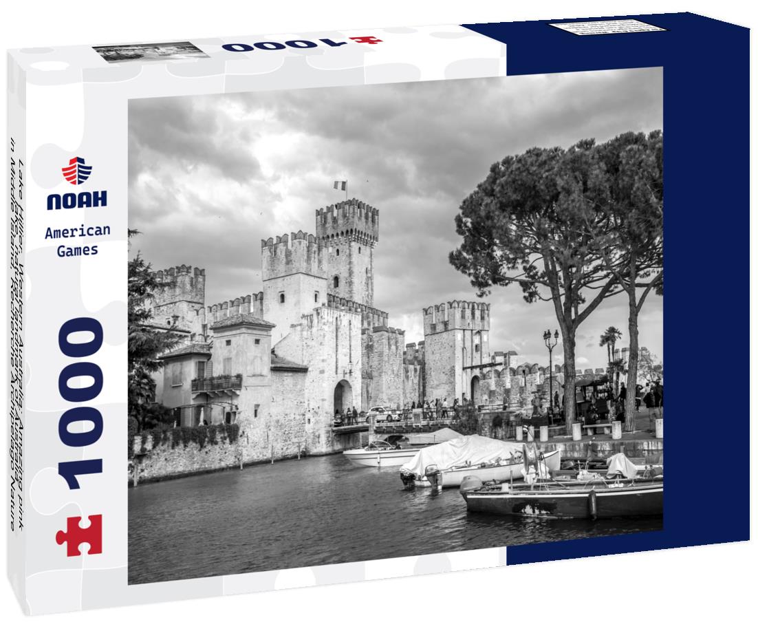 Noah Jigsaw Puzzle Lake Hillier, Western Australia: Amazing pink lake, natural landmark of Australia, in Middle Island, Recherche Archipelago Nature Reserve, near Esperance in black white 1000 pieces