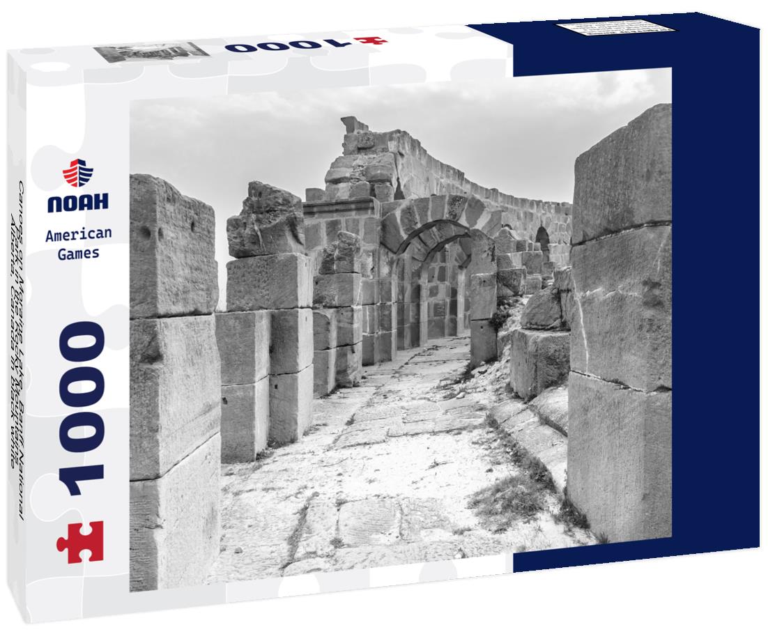 Noah Jigsaw Puzzle Canoes on Moraine Lake, Banff National Park in the Rocky Mountains, Alberta, Canada in black white 1000 pieces