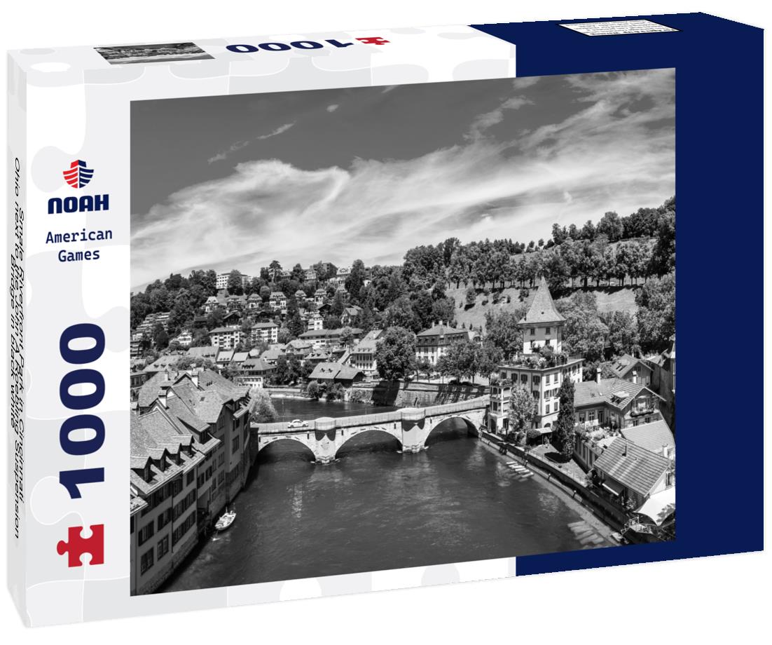 Noah Jigsaw Puzzle Smale Riverfront Park in Cincinnati, Ohio next to the John A Roebling Suspension Bridge in black white 1000 pieces