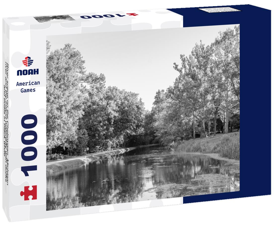 Noah Jigsaw Puzzle River scene on the Cheboygan, Michigan river and the inland waterway with docks and boats in black white 1000 pieces