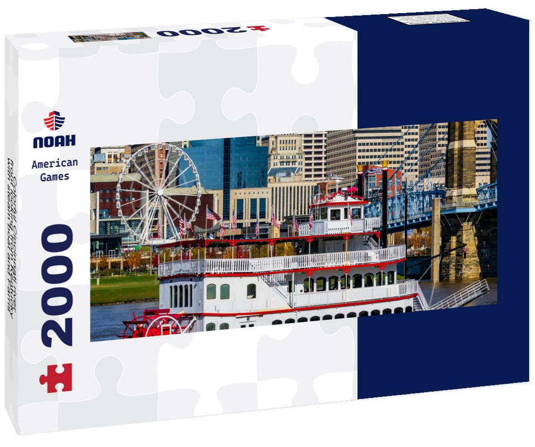 Colorful Cincinnati river front looking from Kentucky with steam boat and Farris wheel 2000pc Panoramic Puzzle