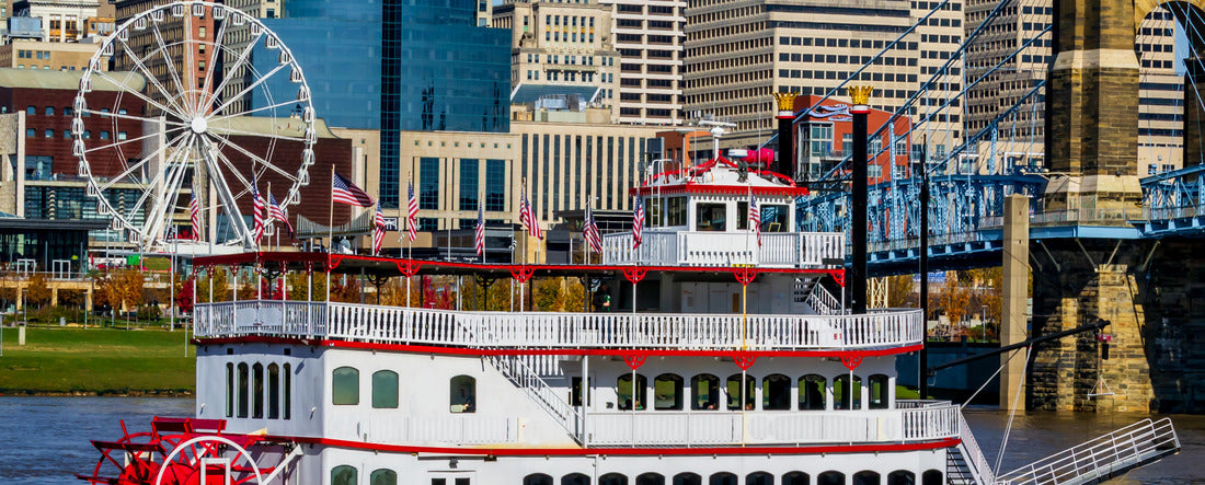Colorful Cincinnati river front looking from Kentucky with steam boat and Farris wheel 2000pc Panoramic Puzzle