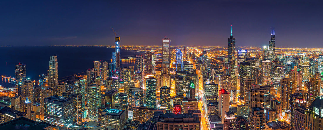 Top view of Chicago cityscape and skyscrapers at night, USA downtown skyline 2000pc Panoramic Puzzle