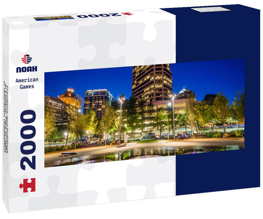 Noah Jigsaw Puzzle Fountains and buildings at Lebauer Park at night, in downtown Greensboro, North Carolina panorama 2000 pieces