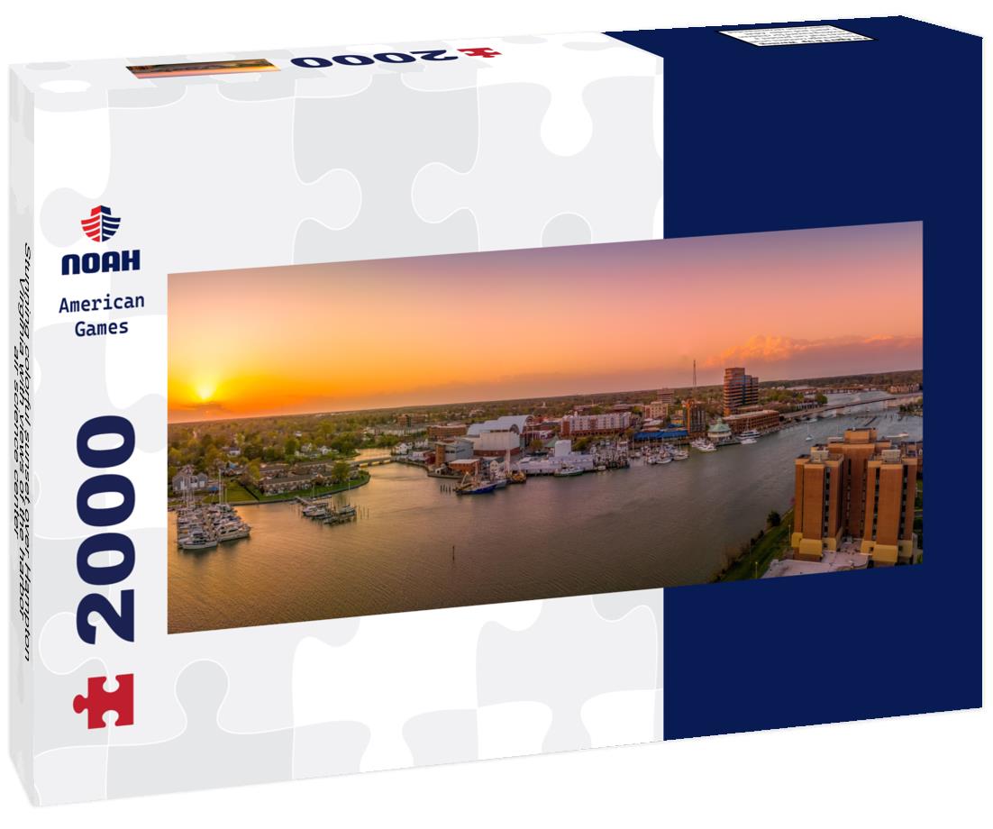 Stunning colorful sunset over Hampton Virginia with views of the harbor, air science center 2000pc Panoramic Puzzle