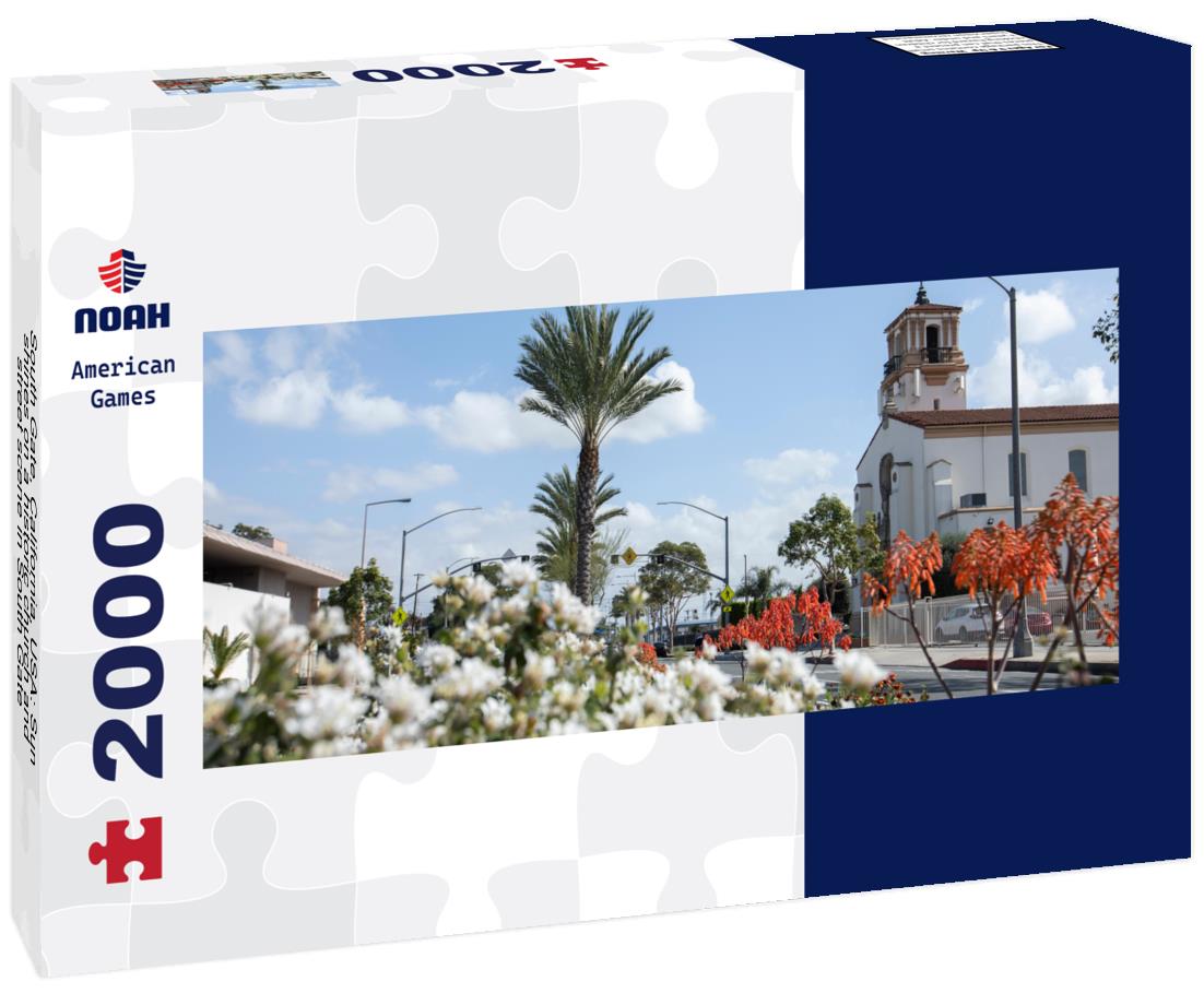 South Gate, California, USA: Sun shines on a historic church and street scene in South Gate 2000pc Panoramic Puzzle