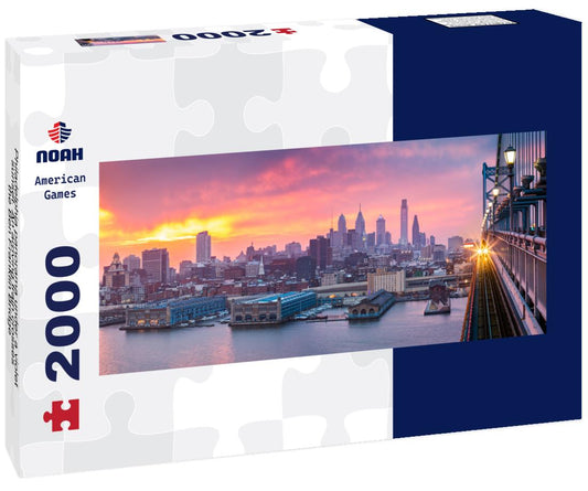 Noah Jigsaw Puzzle Philadelphia panorama under a violet sunset. An arriving train crosses the Ben Franklin Bridge panorama 2000 pieces