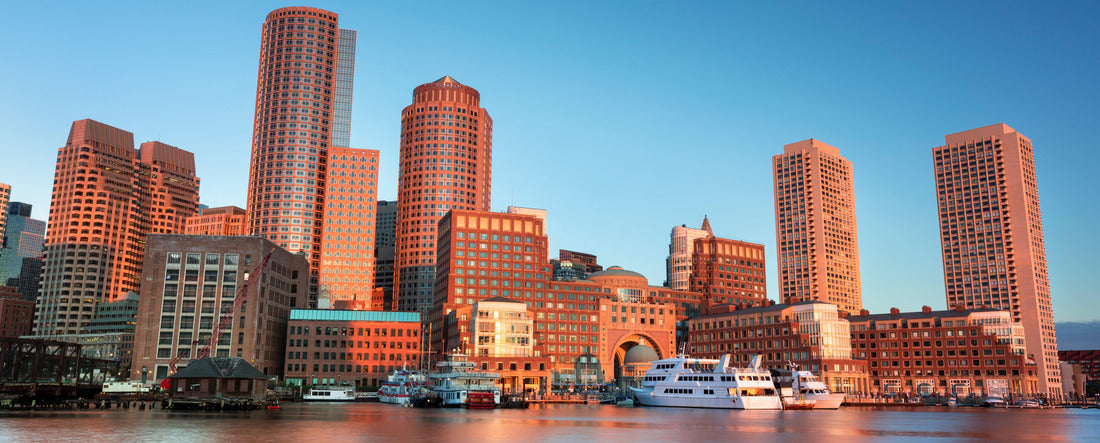 Downtown city view of Boston Massachusetts looking of the riverfront harbor from Fan Pier Park 2000pc Panoramic Puzzle