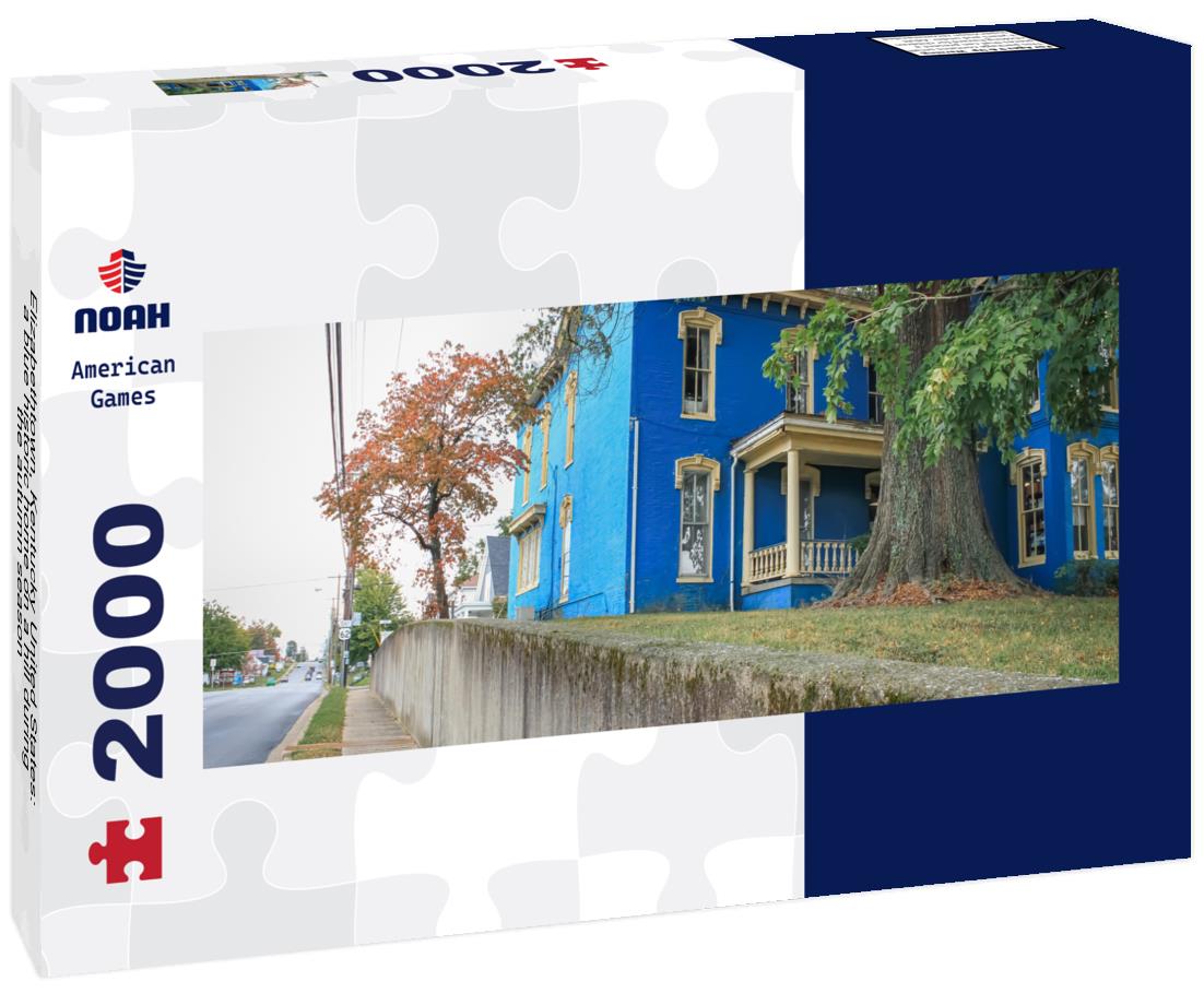 Elizabethtown, Kentucky United States: a blue historic home on a hill during the autumn season 2000pc Panoramic Puzzle