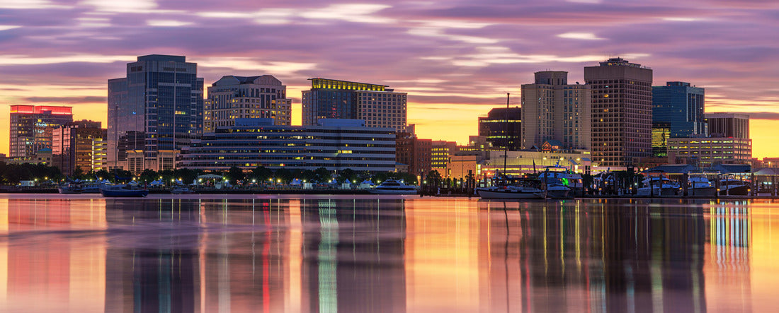 Norfolk, Virginia, USA downtown city skyline with dramatic morning clouds on the Elizabeth River 2000pc Panoramic Puzzle