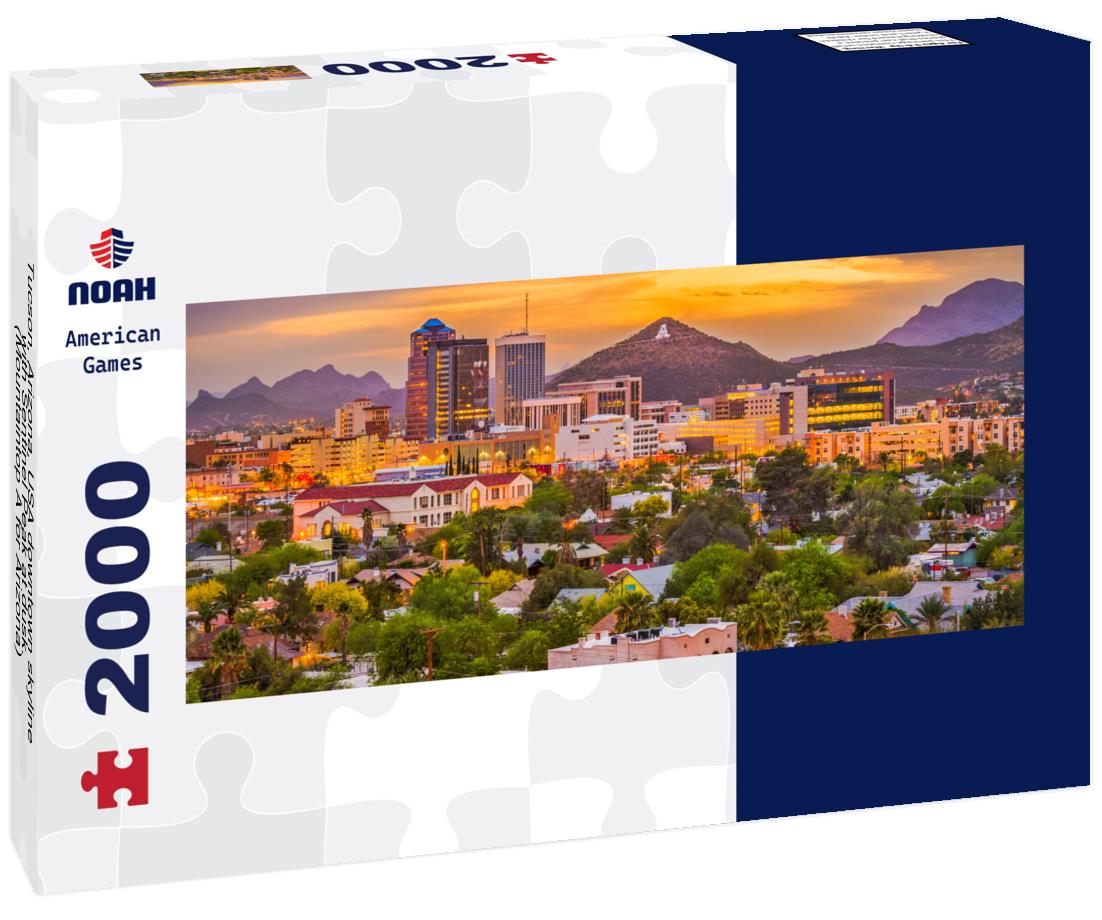 Tucson, Arizona, USA downtown skyline with Sentinel Peak at dusk. (Mountaintop "A" for "Arizona") 2000pc Panoramic Puzzle
