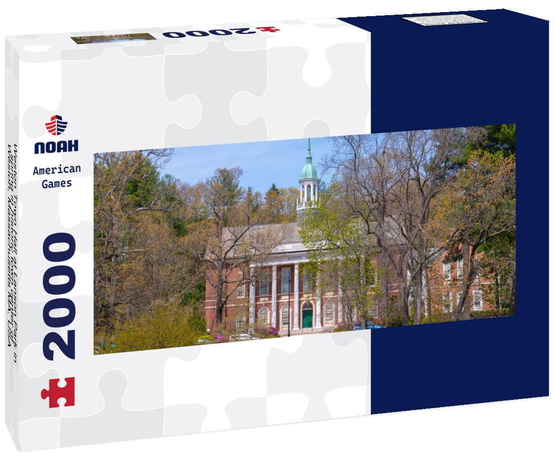 Weston Town Hall at Lanson Park in spring in historic town center of Weston, Massachusetts MA, USA 2000pc Panoramic Puzzle