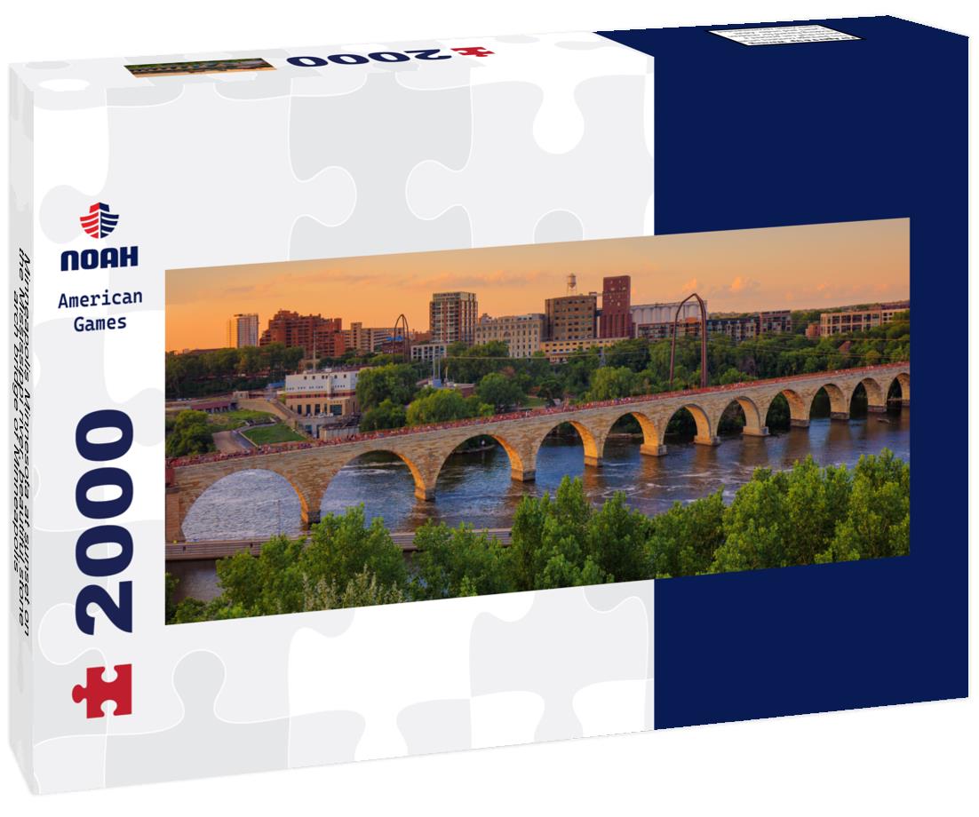 Minneapolis Minnesota at sunset on the Mississippi river, beautiful stone arch bridge of Minneapolis 2000pc Panoramic Puzzle
