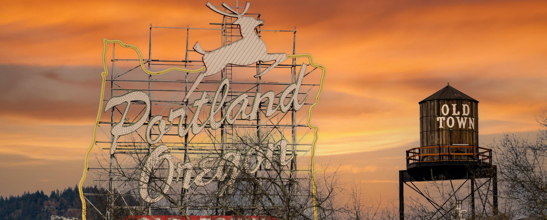 White Stag Portland Oregon old town sign at sunset with jumping deer. Also water tower old town sign 2000pc Panoramic Puzzle