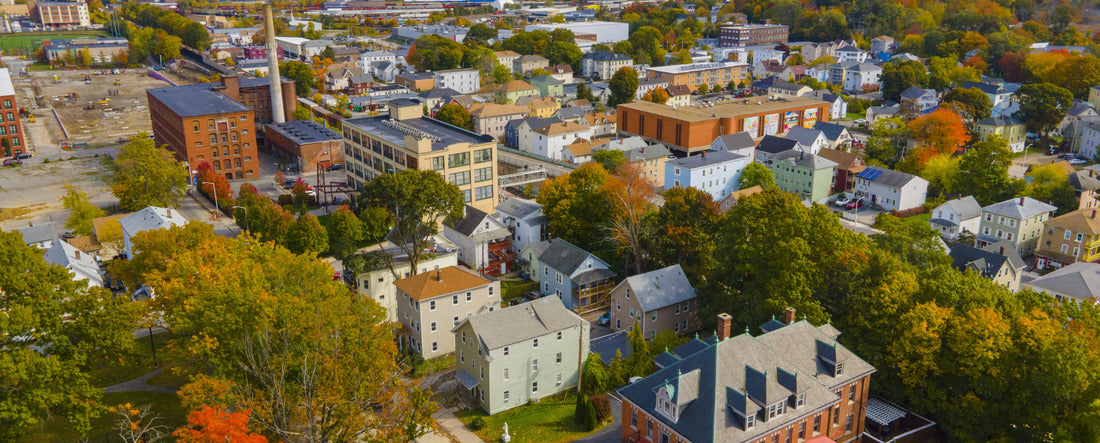 Aerial view of historic downtown Worcester with fall foliage in city of Worcester, Massachusetts MA, USA 2000pc Panoramic Puzzle