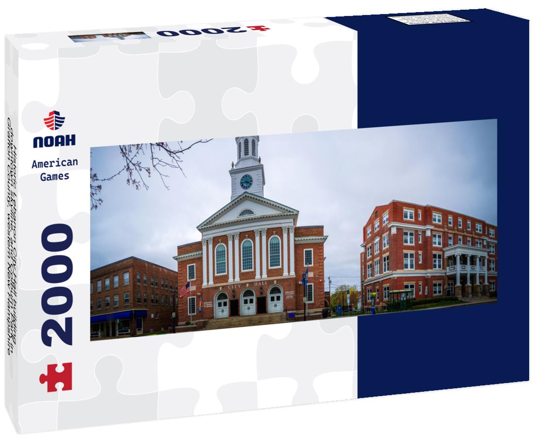 Historic Lebanon City Hall building, downtown skyline, and Colburn Park in Grafton County, western New Hampshire 2000pc Panoramic Puzzle
