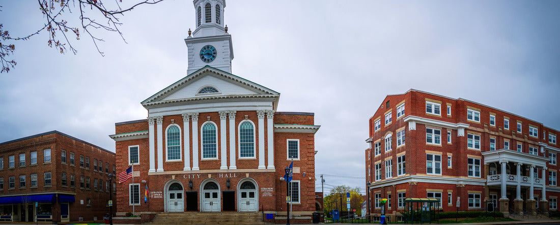 Noah Jigsaw Puzzle Historic Lebanon City Hall building, downtown skyline, and Colburn Park in Grafton County, western New Hampshire panorama 2000 pieces