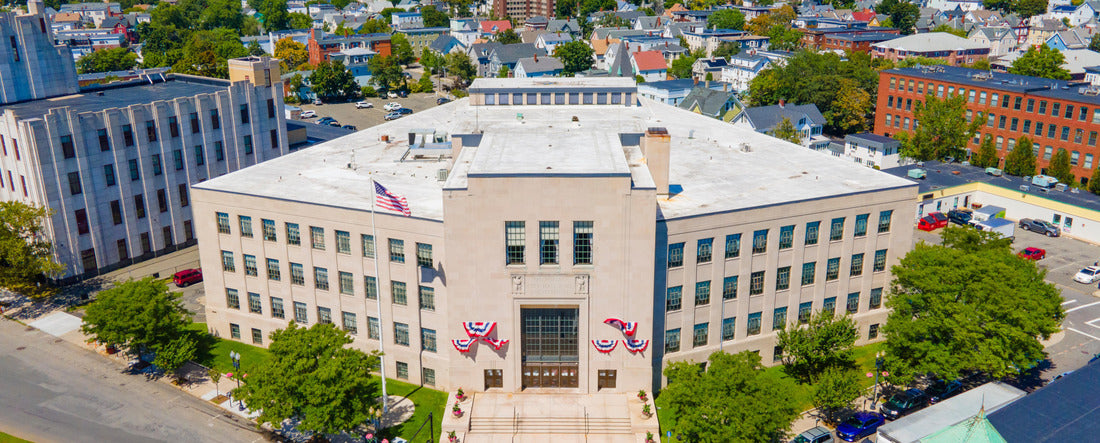 the aerial views of Lynn City Hall at 3 City Hall Square in historic downtown Lynn, Massachusetts MA, USA 2000pc Panoramic Puzzle